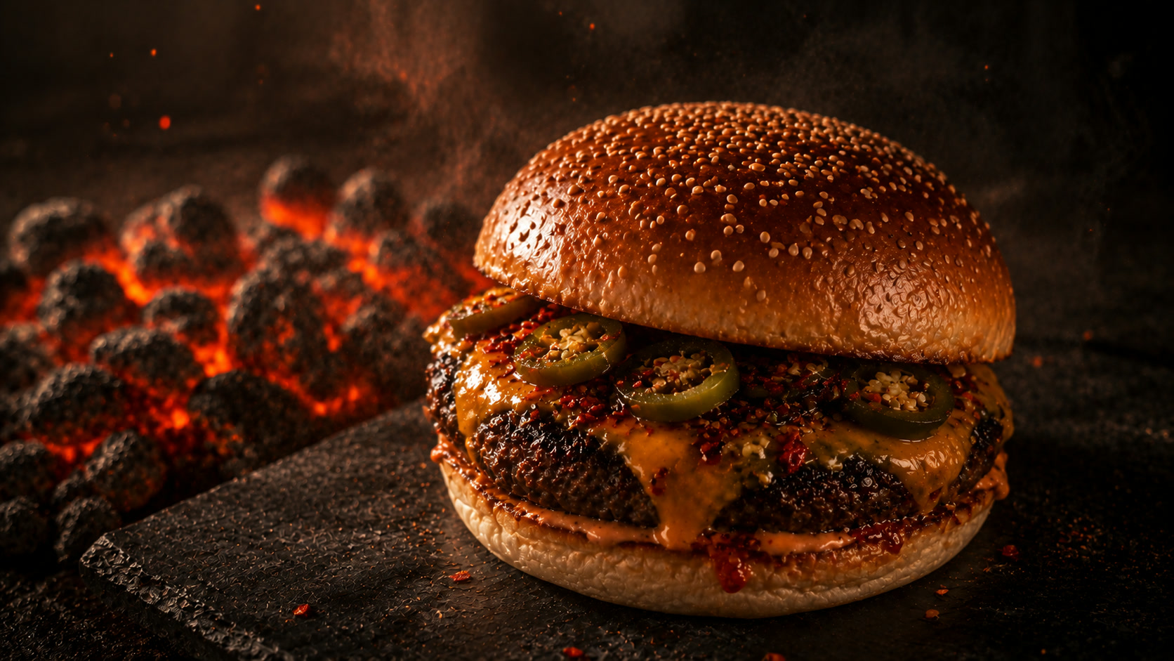 Acı Kor: jalapeño ve pul biberli cheddarlı burger