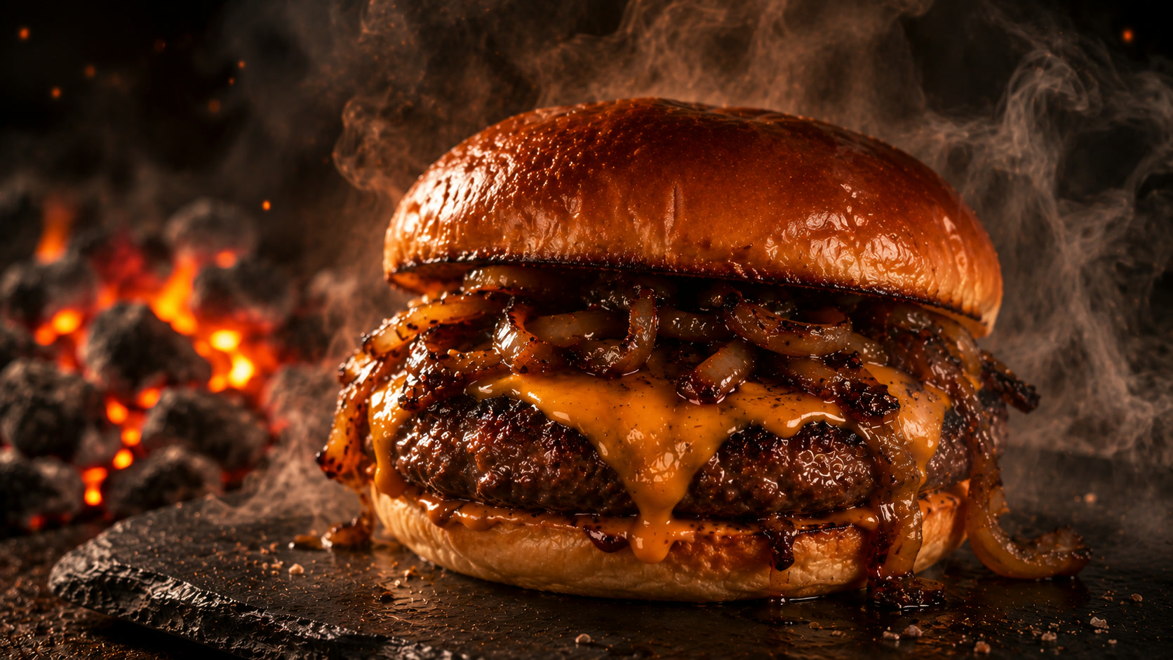 Dumanaltı: isli cheddar ve karamelize soğanlı burger, yoğun duman içinde